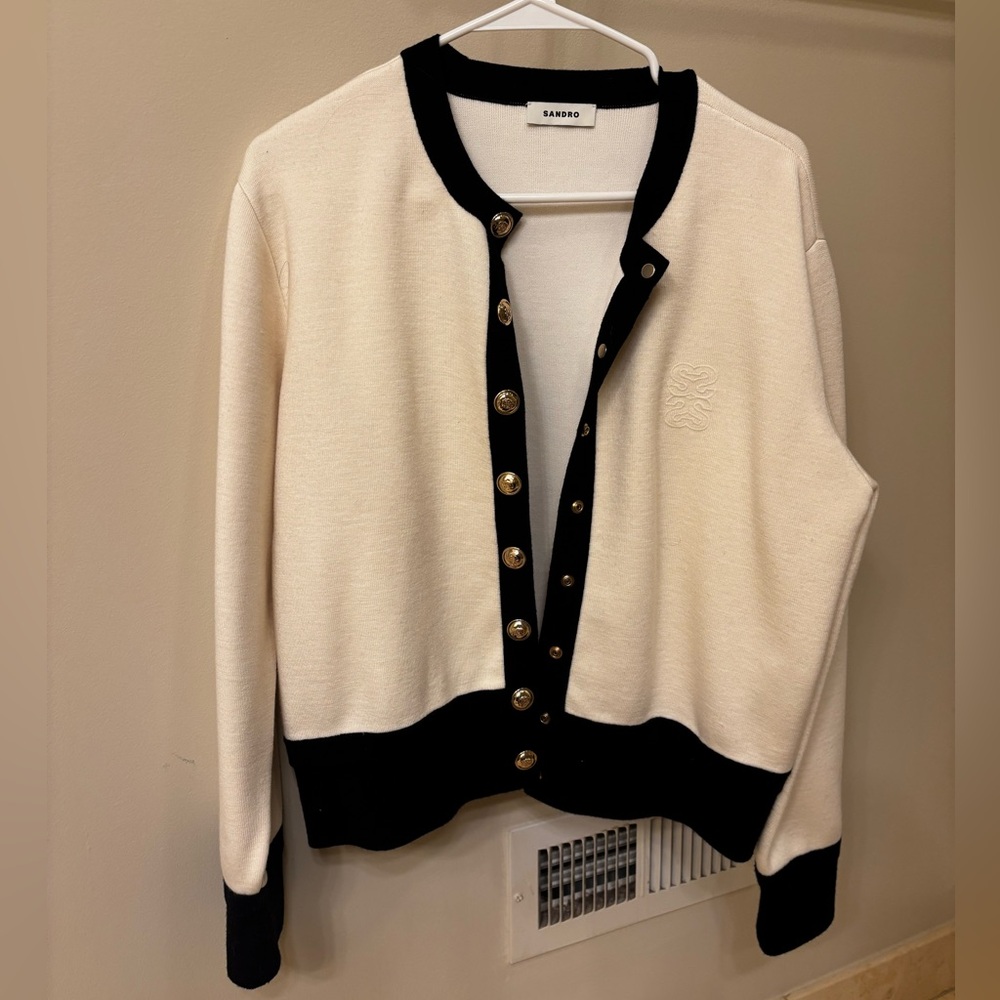 Sandro Black and Cream Cardigan with Gold Snap Buttons